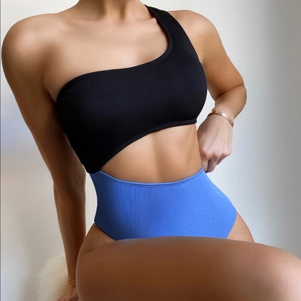 TwoTone Rib Cut Out 1 Shoulder One Piece Swimsuit